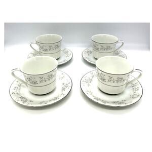 Vintage Platinum Rose Fine China Set of 4 Cups & Saucers Made in Japan
